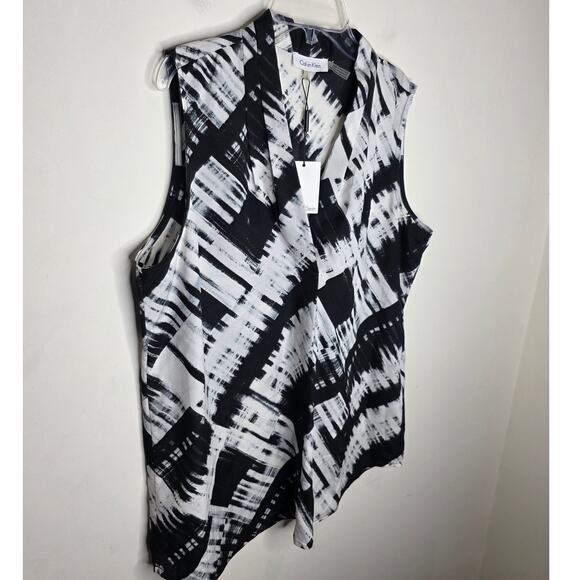 NWT Calvin Klein black white abstract v-neck sleeveless shirt blouse - large - Picture 2 of 5